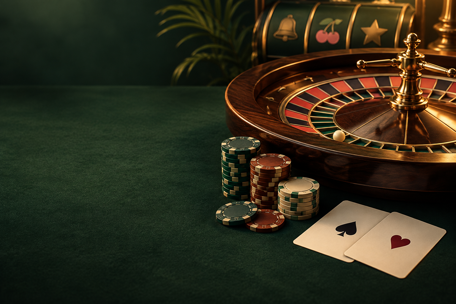Ilustrasi meja kasino dengan roda roulette, kartu, dan keping