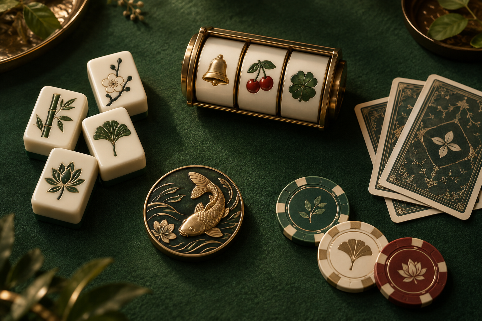 Ilustrasi kasino dengan gulungan slot, kartu, keping, dan ubin permainan